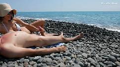Young stranger makes hot handjob on a wild nude beach public cock massage